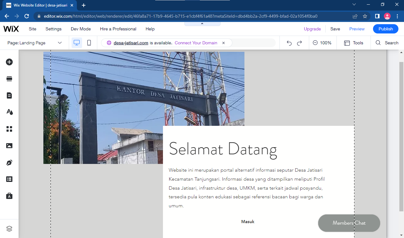 Tampilan antarmuka website alternatif desa yang dibuat dengan Wixsite